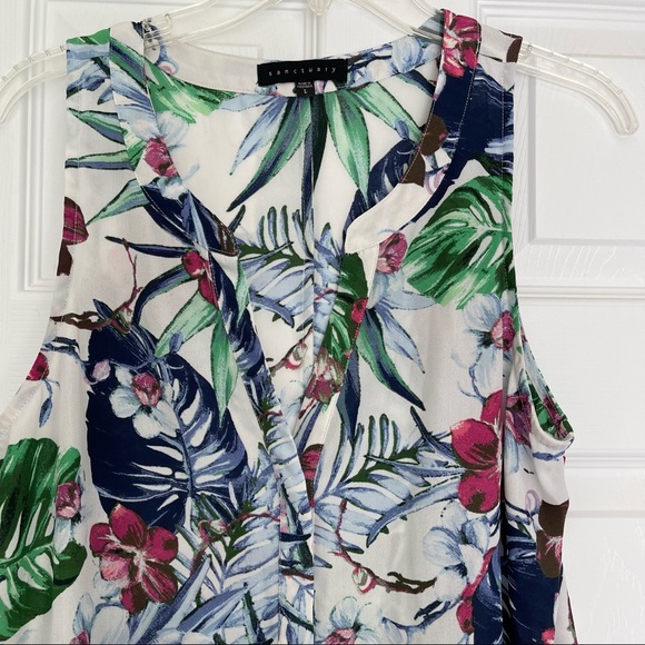 Tropical floral button down sleeveless top, palm leaf hibiscus print - Picture 2 of 5